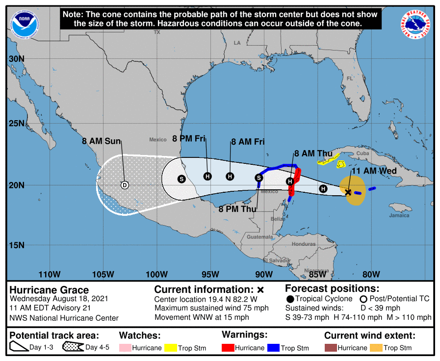 Latest track for Hurricane Grace.  Image: NHC