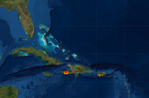 23 earthquakes have struck Haiti and Puerto Rico in the last 24 hours; each orange dot reflects the epicenter of an earthquake, with the red dots illustrating the most recent earthquakes. Image: USGS