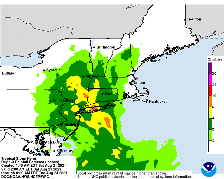 Henri will bring very heavy rain to portions of the northeast over the next 48 hours. Image: NWS