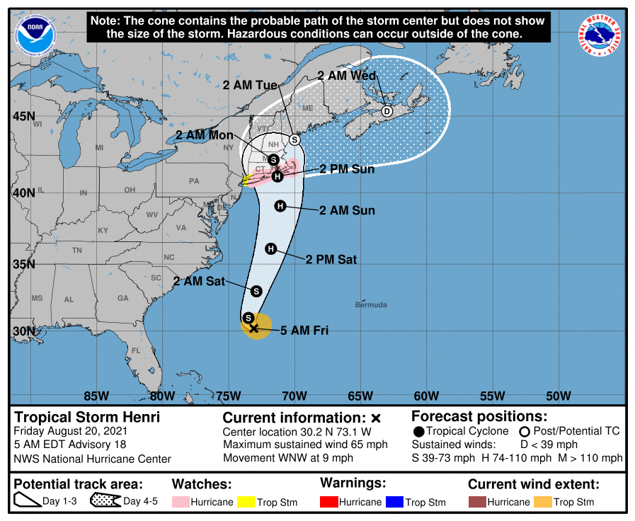 The latest official track of where Henri's center will go; this map does not illustrate how wide the storm and its impacts are. Image: NHC