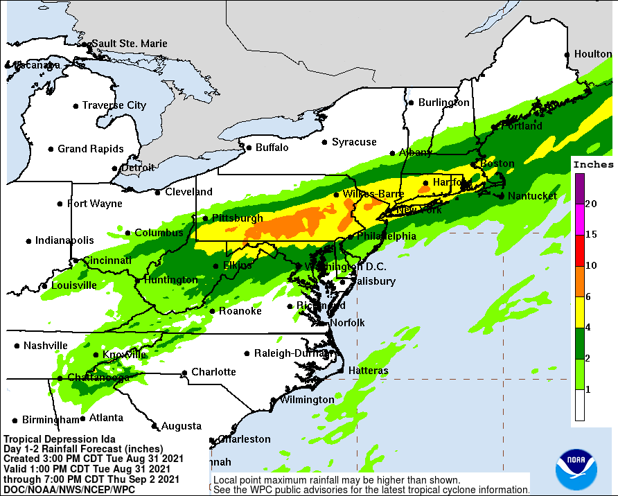 Extremely heavy rain will fall through Thursday AM as the remnants of Ida move through. Image: NWS