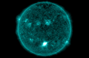 Another solar flare erupted off the Sun yesterday, as shown by this brilliant flash on the bottom half of the Sun. This image was captured with the GOES-16 weather satellite.  Image: NOAA/SWPC