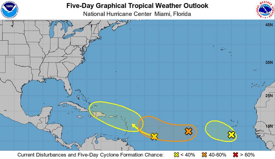 The National Hurricane Center is tracking these three systems in the Atlantic hurricane basin for signs of tropical cyclone formation. Image: NHC