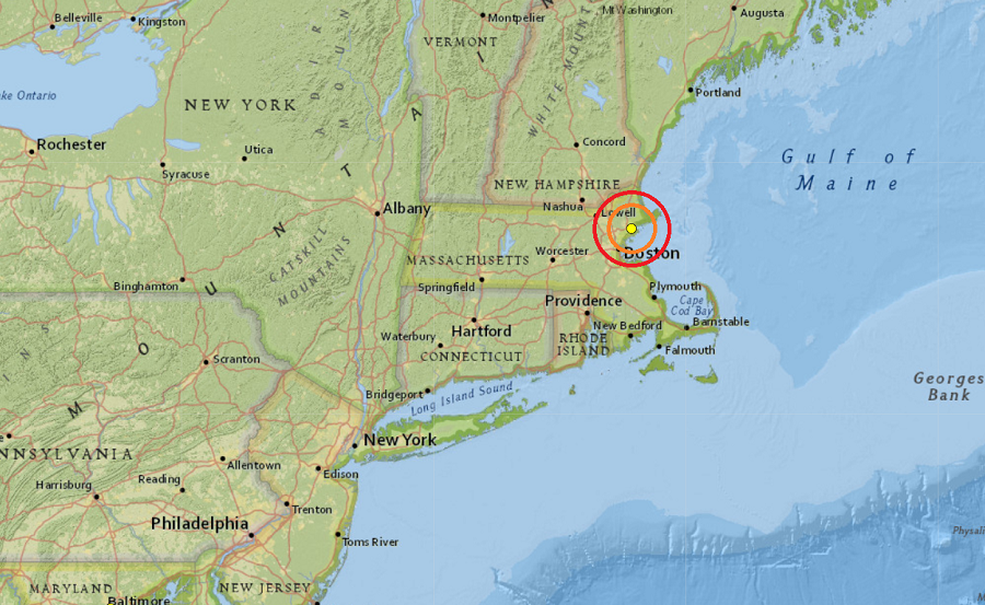 The epicenter of the registered earthquakes are in the town of Peabody, Massachusetts.  Image: USGS