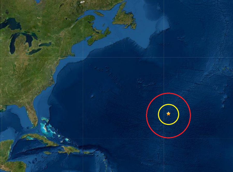A strong 5.1 earthquake struck along the North Mid Atlantic Ridge in the Atlantic Ocean this afternoon. Image: USGS