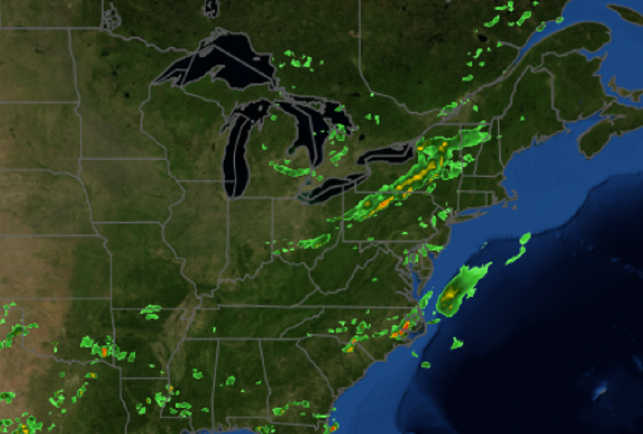 The latest RADAR shows showers and storms in two key clusters: one in Pennsylvania and New York, the other anchored over portions of North Carolina. Image: weatherboy.com