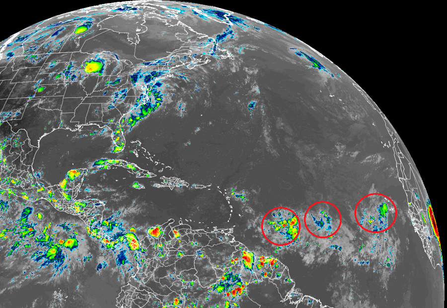 Latest view from the GOES-East weather satellite shows the three systems being tracked by the National Hurricane Center today. Image: NOAA