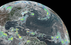 The current GOES-East weather satellite view shows clouds associated with Henri over New England, while new areas of concern blossom elsewhere in the Atlantic Hurricane Basin. Image: NOAA