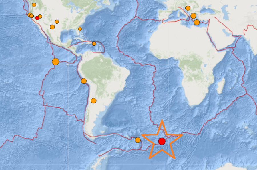 The 5.0 earthquake struck along the Mid Atlantic Ridge a short time ago. The strong earthquake is marked by a star; other orange and red dots indicate other recent seismic activity recorded by USGS. Image: USGS