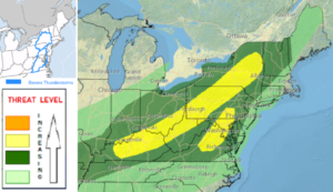 While the greatest risk for severe thunderstorms today is in the yellow areas, the National Weather Service has issued Severe Thunderstorm Watches in the blue areas. Image: NWS