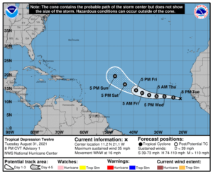 Tropical Depression #12 is likely to become Tropical Storm and Hurricane Larry in the coming days. Image: NHC