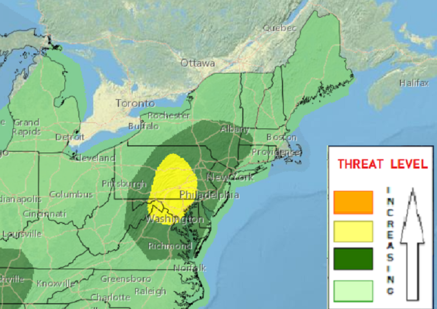 Severe thunderstorms are possible in the dark green and yellow areas today; the yellow area has the greatest threat of seeing severe storms. Image: weatherboy.com