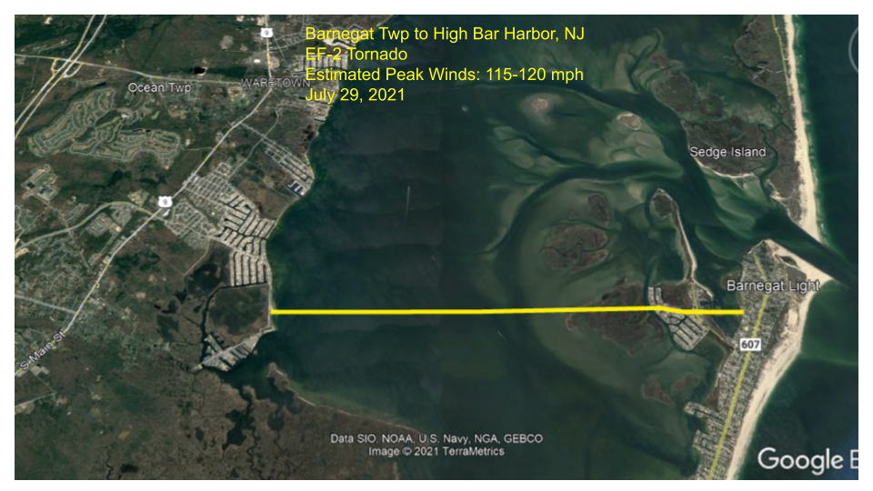 Map showing path of tornado near Barnegat Township, New Jersey. Image: NWS