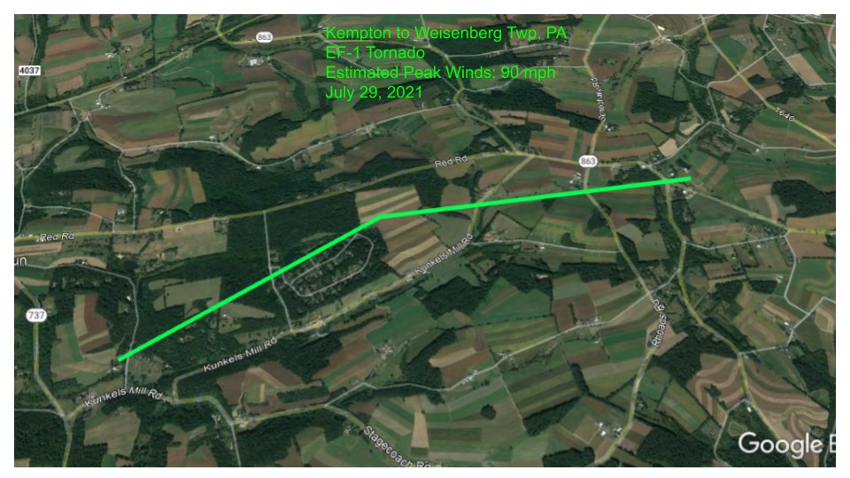 Track of the Kempton-area tornado that touched down in Pennsylvania. Image: NWS
