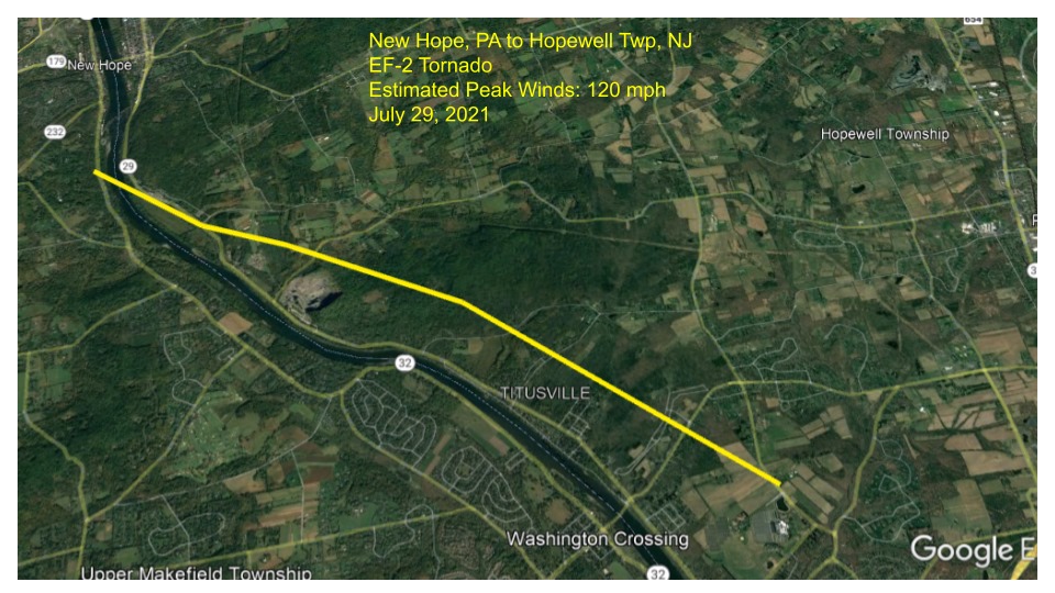 Path of the tornado that impacted New Hope in Pennsylvania and Hopewell in New Jersey. Image: NWS
