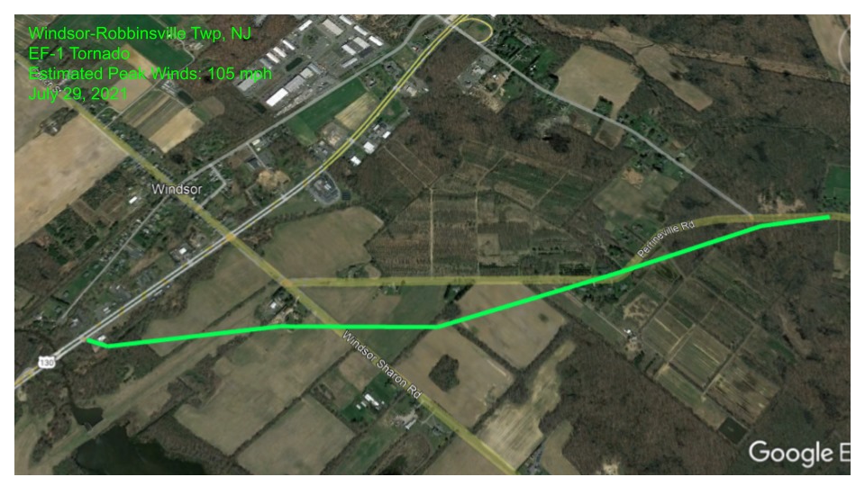Map showing the path of the Mercer County, NJ tornado. Image: NWS