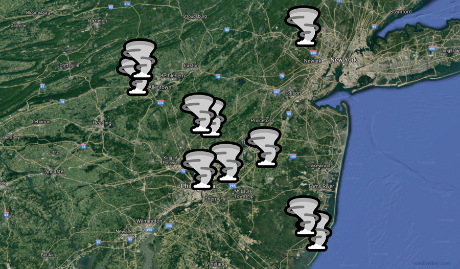 Thunderstorms that passed through Pennsylvania and New Jersey on July 29 produced 10 tornadoes. Image: weatherboy.com