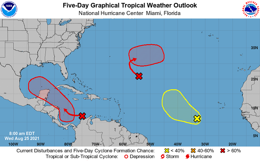 Three areas of concern in the Atlantic Hurricane Basin today.  Image: NHC