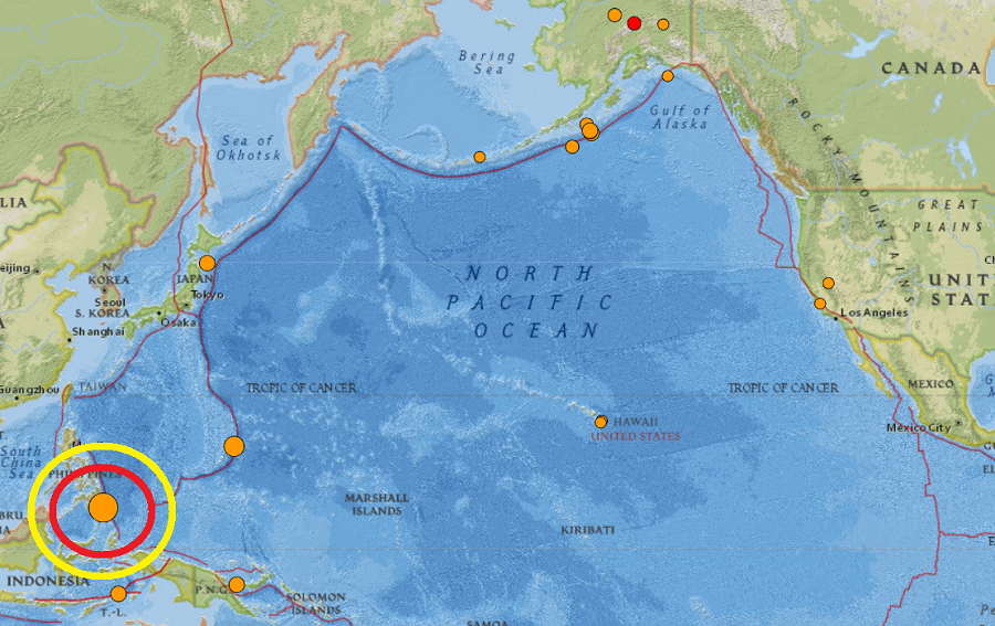 The 7.1 earthquake struck in the Philippines today, prompting a tsunami notice. Image: USGS