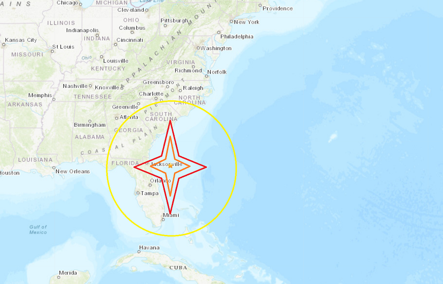 The center of the blast was just off the east coast of Florida. Image: USGS