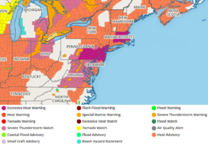 Numerous advisories, watches, and warnings are up across the United States today due to excessive heat and the threat of severe storms. Image: weatherboy.com
