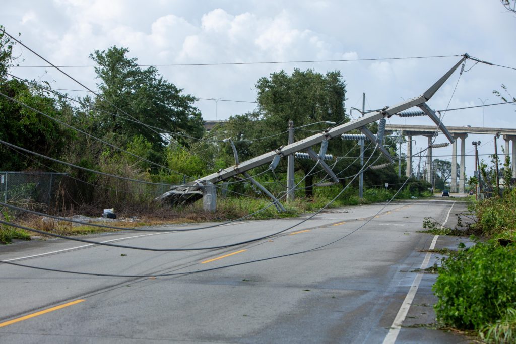 One of many transmission lines destroyed by Hurricane Ida in Louisiana. Image: Entergy