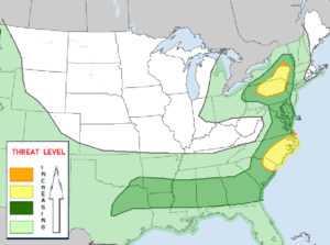 The National Weather Service's Storm Prediction Area has identified two areas at risk of seeing severe weather today; while severe storms are possible in the dark green area, the greatest risk is in the two yellow areas. Image: NWS