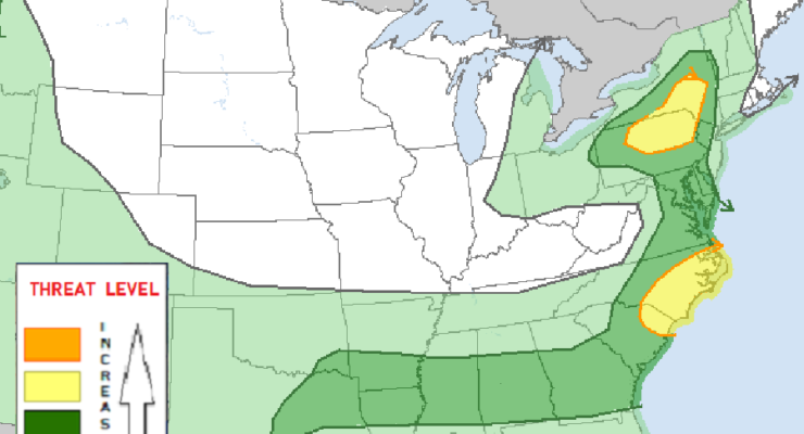 The National Weather Service's Storm Prediction Area has identified two areas at risk of seeing severe weather today; while severe storms are possible in the dark green area, the greatest risk is in the two yellow areas. Image: NWS