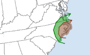 The shaded area has the highest chances for tornadoes in the country today, with the brown area carrying a greater risk than the green area. Image: NWS