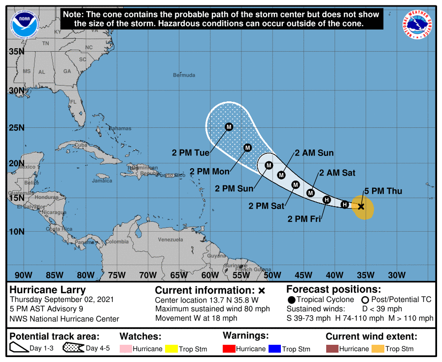 Forecast track for Hurricane Larry. Image: NHC