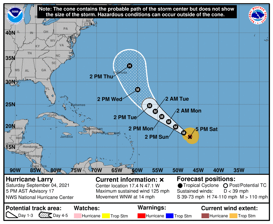 Latest forecast track for Hurricane Larry. Image: NHC
