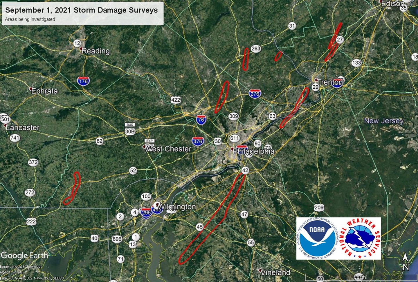 The National Weather Service mapped out other areas being investigated for tornado touch-downs from Major Hurricane Ida's remnants.  Image: NWS
