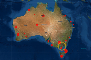 The orange/yellow circled area shows where today's unusual earthquake occured while the other red circles indicate other past quakes throughout Australia's modern times. Image: Geoscience Australia
