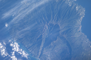 Today's eruption is occuring at the La Cumbre Vieja Volcano on the island of La Palma in the Canary Islands. Image: Image Analysis Laboratory, NASA Johnson Space Center