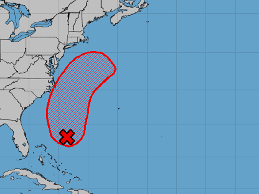 A tropical cyclone is likely to form near the red X and move in the direction of the red area along the U.S. East Coast in the coming days. Image: NHC