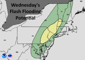 The green area could see flash flood conditions tomorrow; the yellow area has an even greater risk. Image: NWS