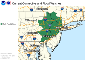 Flood Watches have been posted in the green areas on this map. Image: NWS