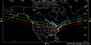 This map shows how far south the Northern Lights could appear at different KP index levels.  While a KP of 3 or less would keep them in the northern latitudes of Alaska and Canada, a KP of 9 would make them visible in places like Salt Lake City, St. Louis, Washington, DC, Chicago, Philadelphia, New York, Boston, and Portland.  Image: NOAA