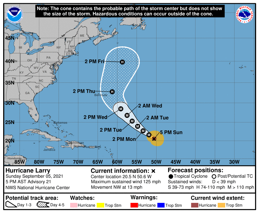 Latest track for Major Hurricane Larry. Image: NHC