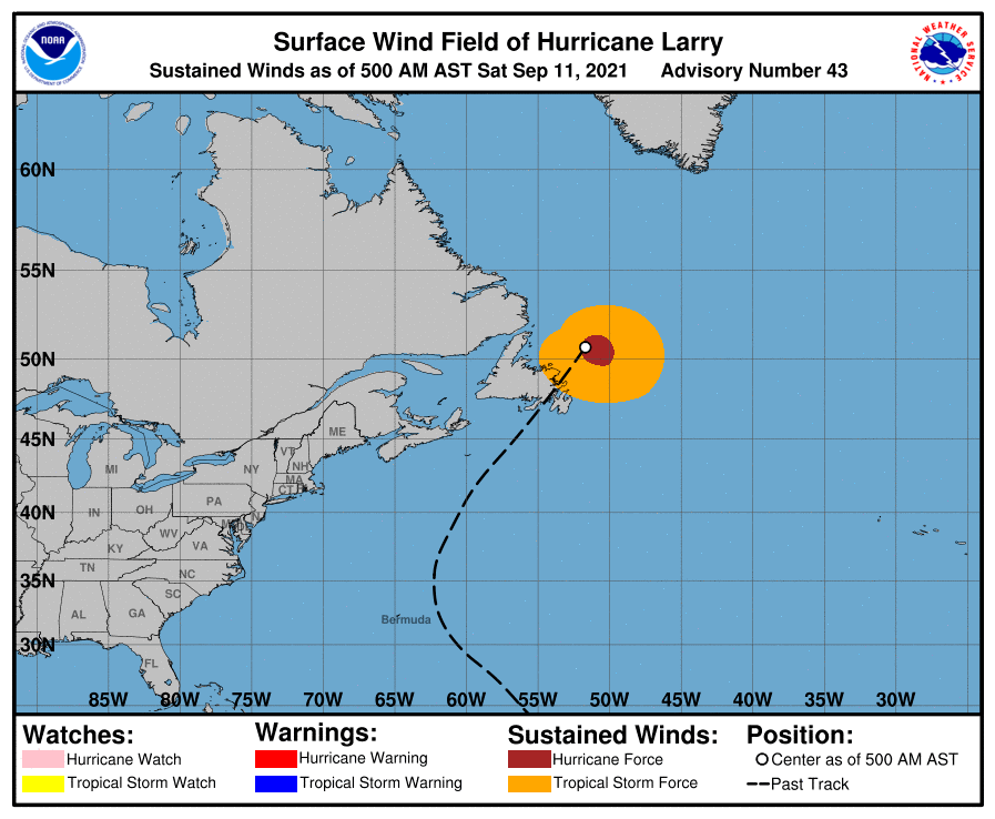 The last update from the National Hurricane Center showed Hurricane Larry just northeast of Newfoundland. Image: NHC