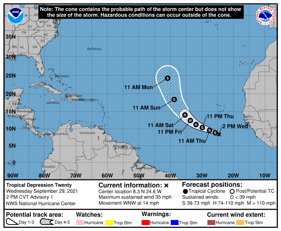 Forecast track for Tropical Depression #20.  Image: NHC