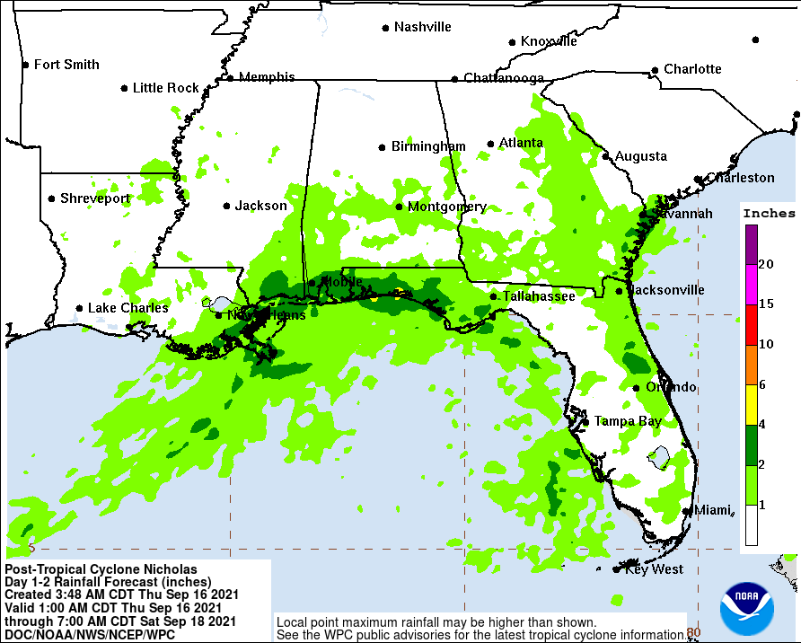 More heavy rain is expected along the Gulf Coast as Nicholas lingers. Image: NWS
