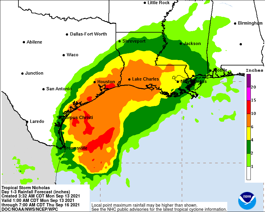 Latest forecast rainfall amounts for Nicholas are generally in the 6-10" range along the coast, with some 10-15" amounts possible near Houston. Image: NWS