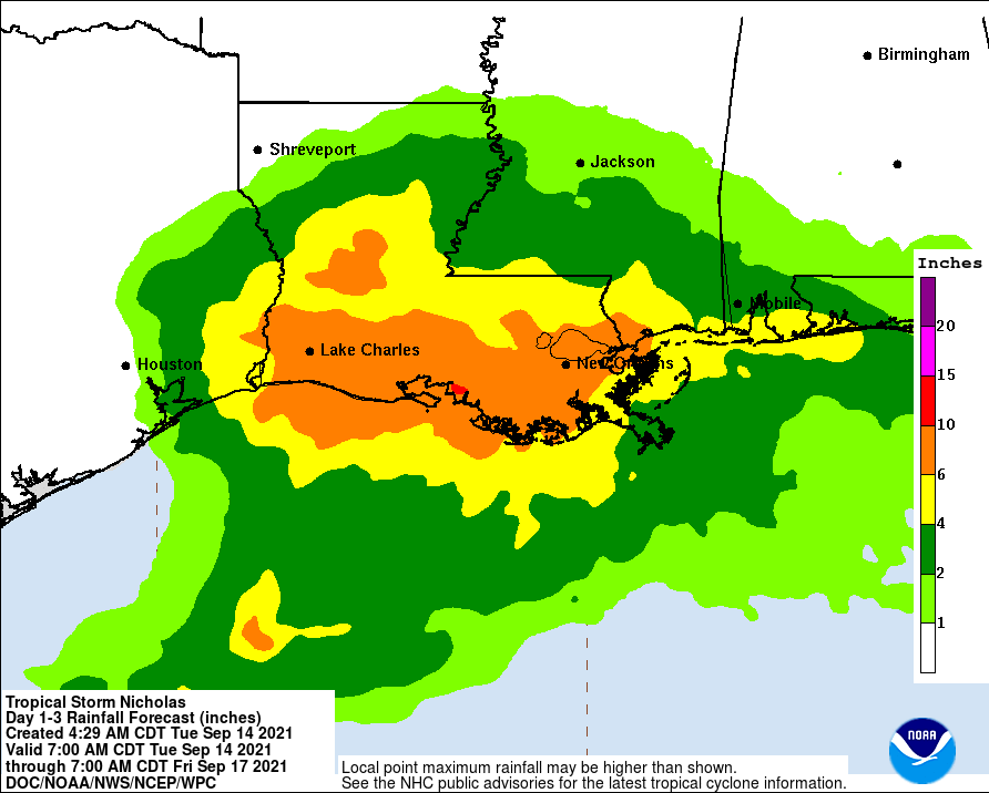 Additional heavy rain is likely as Nicholas heads east into Louisiana. Image: NHC