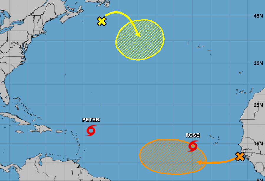 Tropical Storms Peter and Rose are in the Atlantic today while two other areas of disturbed weather are being tracked by the National Hurricane Center. Image: NHC