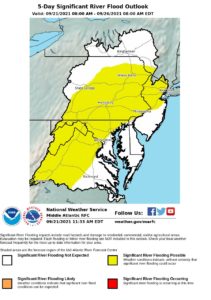 Area in yellow showcases river flood threat within the Mid Atlantic River Forecast Center's domain.  Image: NWS