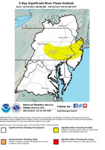 A River Flood Threat exists in the yellow shaded area today / tonight.  Image: NWS