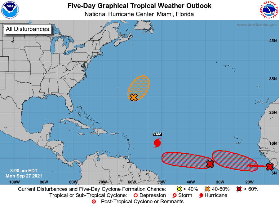 The latest Tropical Outlook from the National Hurricane Center shows that three systems could become tropical cyclones this week in the Atlantic.  Image: NHC