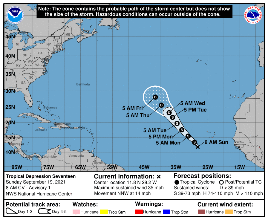 Latest track for Tropical Depression #17 which is forecast to become Rose soon. Image: NHC