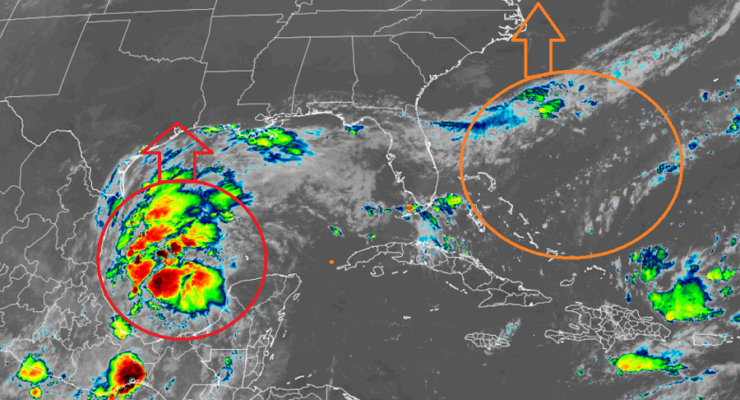 Two areas of trouble: Nicholas in the Gulf of Mexico, and perhaps an additional system in the coming days off the U.S. East Coast. Image: NOAA